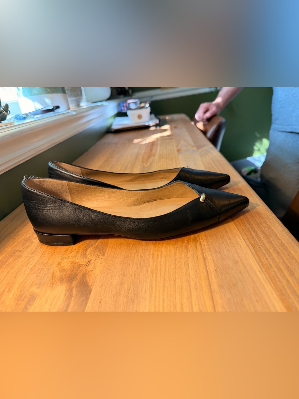 LK Bennett Black Pointed-Toe Leather Flats with Gold Accent - Picture 4 of 5